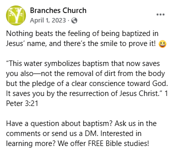 Branches Church baptism post caption